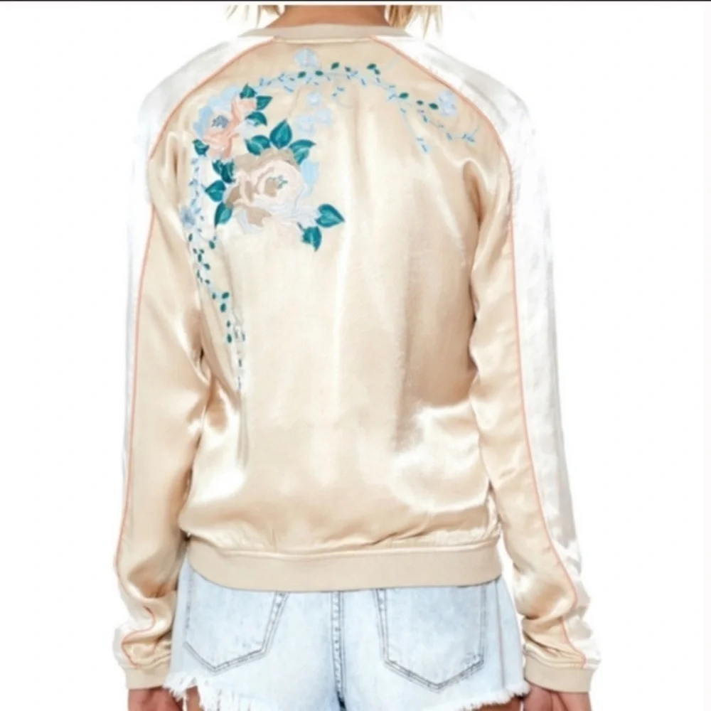 Blank NYC Satin Bomber Jacket Embroidered Floral Cream